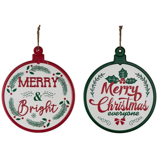 Merry and Bright Ornament Style Metal Christmas Wall Signs - 14" - Red and Green - Set of 2